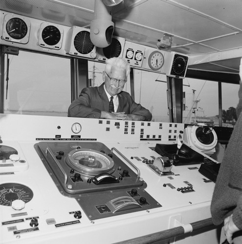 Marston Sargent on bridge during dedication of the R/V Melville