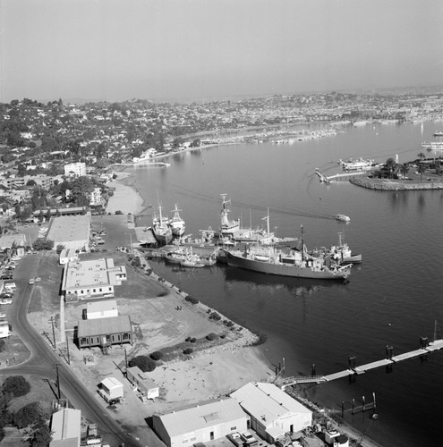 Aerial view of the Chester W. Nimitz Marine Facility and Scripps Institution of Oceanography fleet, Point Loma, San Diego, California