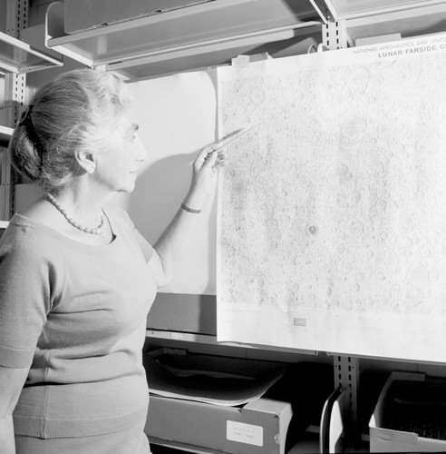 Gertrude Weiss Szilard with lunar maps and moon globe, UC San Diego