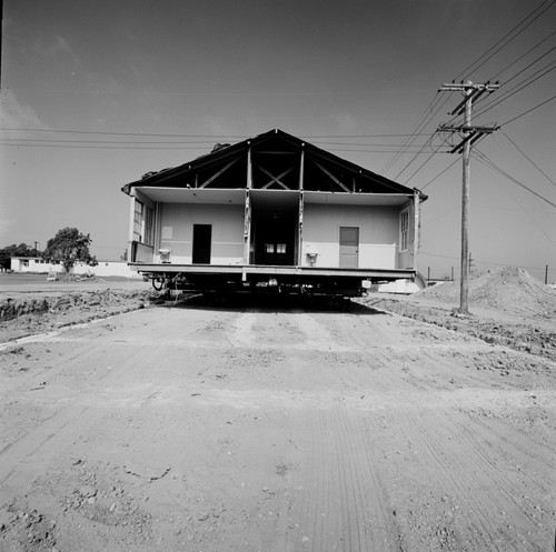 Camp Matthews building, mounted on wheels for moving