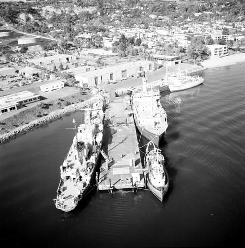 Aerial view of the Chester W. Nimitz Marine Facility and Scripps Institution of Oceanography fleet, Point Loma, San Diego, California