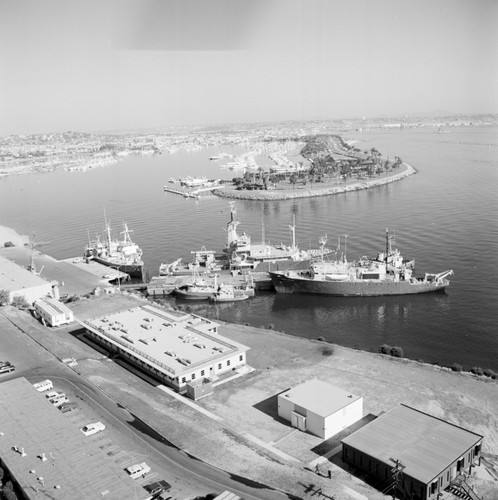 Aerial view of the Chester W. Nimitz Marine Facility and Scripps Institution of Oceanography fleet, Point Loma, San Diego, California