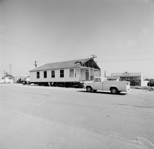 Camp Matthews building, mounted on wheels for moving