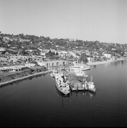 Aerial view of the Chester W. Nimitz Marine Facility and Scripps Institution of Oceanography fleet, Point Loma, San Diego, California