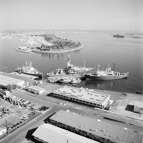 Aerial view of the Chester W. Nimitz Marine Facility and Scripps Institution of Oceanography fleet, Point Loma, San Diego, California