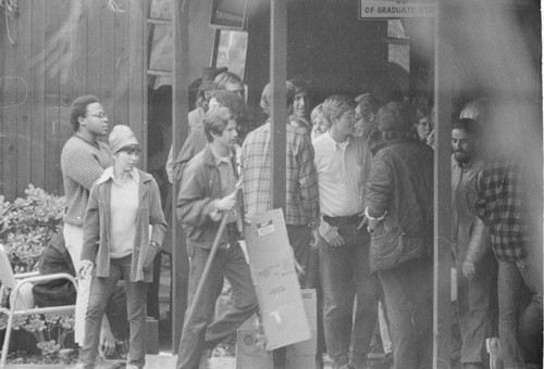 Students show support for peers summoned to appear at the UC San Diego police station for involvement in the takeover of Urey Hall, in protest against the Vietnam War