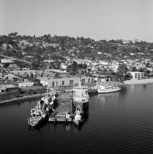 Aerial view of the Chester W. Nimitz Marine Facility and Scripps Institution of Oceanography fleet, Point Loma, San Diego, California