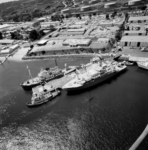 Aerial view of the Chester W. Nimitz Marine Facility and Scripps Institution of Oceanography fleet, Point Loma, San Diego, California