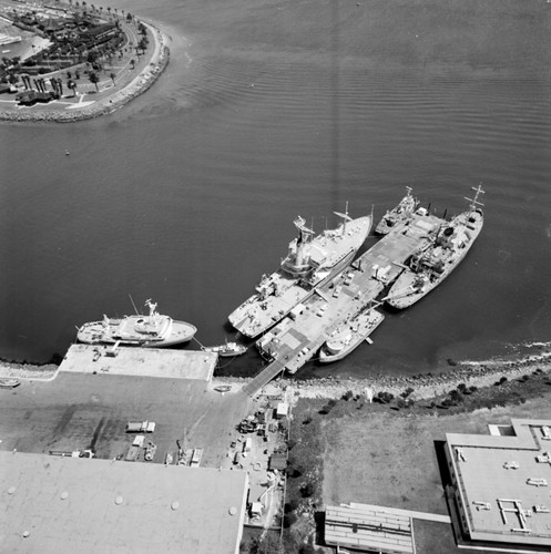 Aerial view of the Chester W. Nimitz Marine Facility and Scripps Institution of Oceanography fleet, Point Loma, San Diego, California