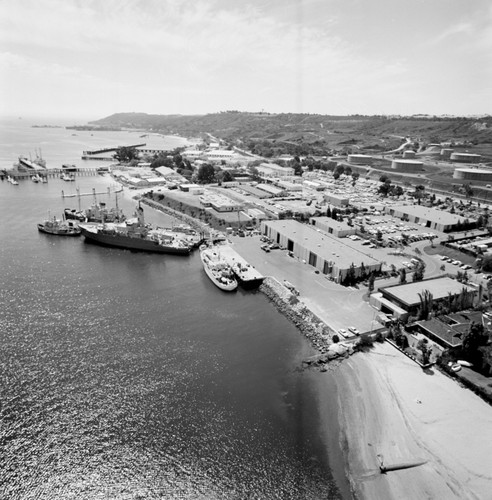 Aerial view of the Chester W. Nimitz Marine Facility and Scripps Institution of Oceanography fleet, Point Loma, San Diego, California