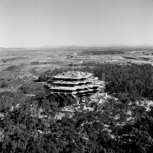 Aerial view of the construction of Geisel Library, UC San Diego