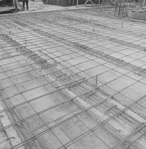 Rebar and concrete detail, construction of Geisel Library, UC San Diego