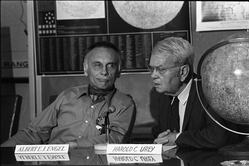 Harold C. Urey and Albert E.J. Engel, moon rock research press conference, UC San Diego