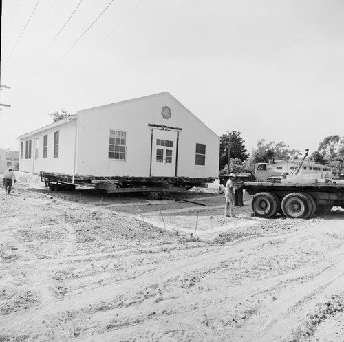 Camp Matthews building, mounted on wheels for moving