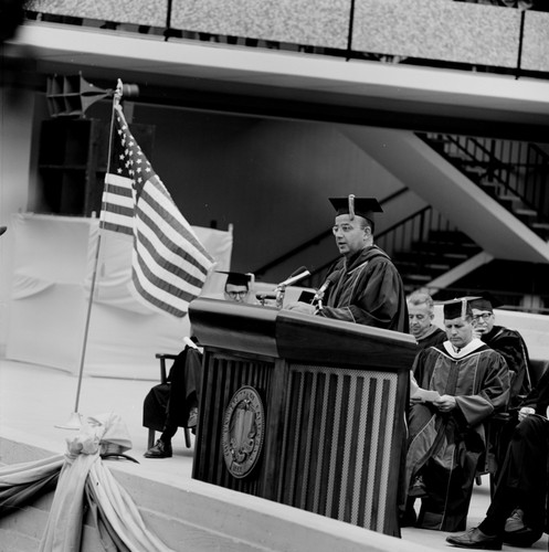 Clark Kerr (at podium) during installation of John S. Galbraith as Chancellor, UC San Diego