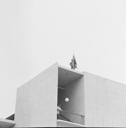 Student with strike banner, Revelle College, UC San Diego