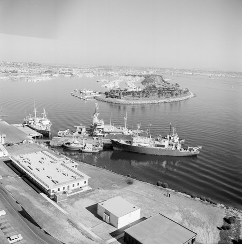 Aerial view of the Chester W. Nimitz Marine Facility and Scripps Institution of Oceanography fleet, Point Loma, San Diego, California