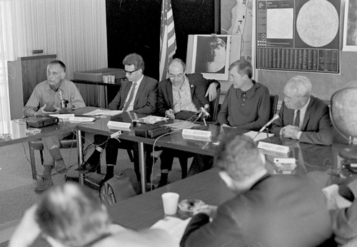Left to right: Albert E. J. Engel, Kurt Marti, James Arnold, Gustaf Arrhenius, Harold Urey at moon rock research press conference, UC San Diego