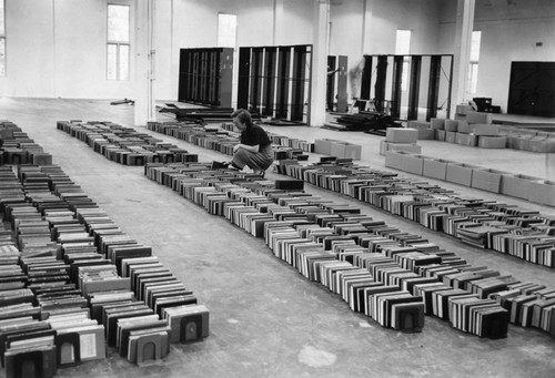 Moving and sorting books, Balboa Park Food and Beverage Building, San Diego Public Library, 1952