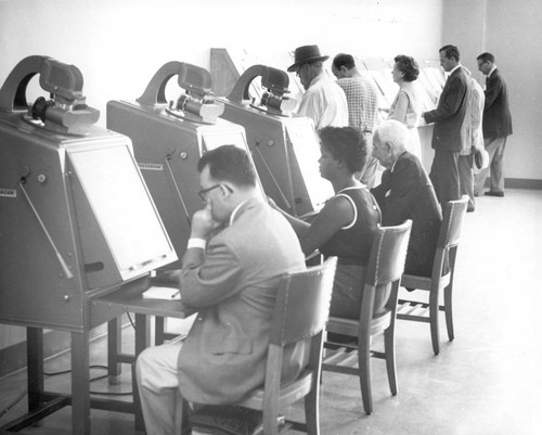 Recordak newspaper film readers, Newspaper Room, Central Library Building, San Diego Public Library, 1958