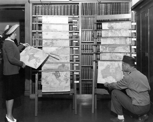 World War Two map display, War Information Center, Main Lobby, Carnegie Library Building, San Diego Public Library, 1942