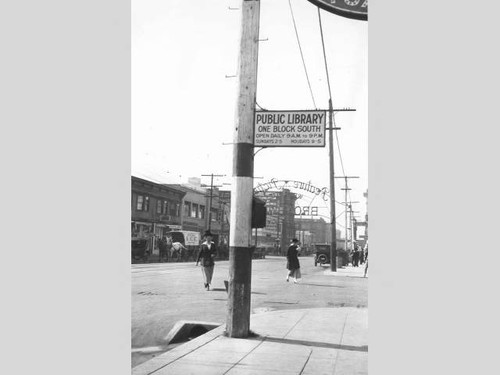 Library hours sign, San Diego Public Library, early 1900s