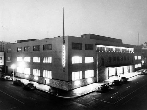 Central Library Building at night, San Diego Public Library, 1954