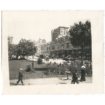 City Hall Park in Oakland, California, showing trolley on San Pablo Avenue headed toward 14th and Broadway