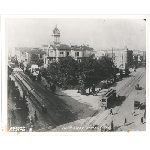 City Hall Park in Oakland, California, showing trolley on 14th Street headed west