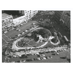 Aerial of Christmas display at City Hall Park as seen from upper floor of City Hall in Oakland, California