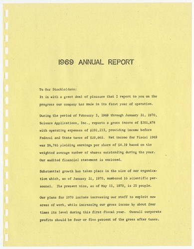 1969 annual report to Science Applications, Inc. stockholders