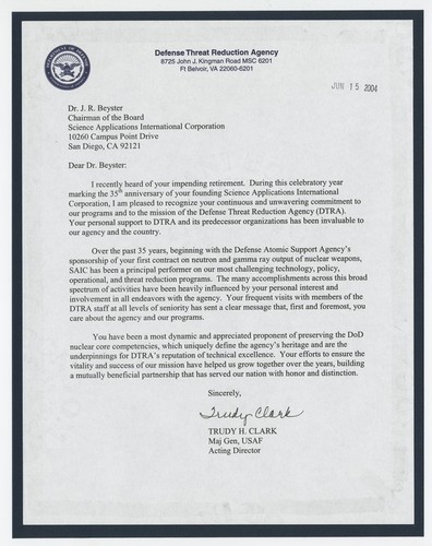 Letter from Trudy H. Clark, Major General, U.S. Air Force, Acting Director, on the occasion of J. Robert Beyster's retirement