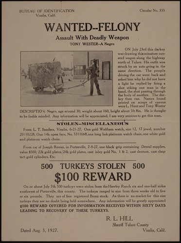 Wanted-Felony : assault with a deadly weapon, Tony Wester, a negro