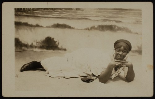 Studio portrait of an African American woman in bathing costume