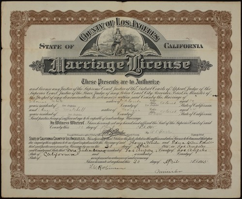 Marriage license, issued to Thomas White and Edna G. Mitchell in Los Angeles : manuscript