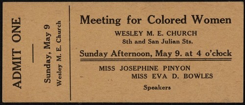 [Ticket for meeting for colored women at Wesley M. E. Church, on Sunday afternoon, May 9]