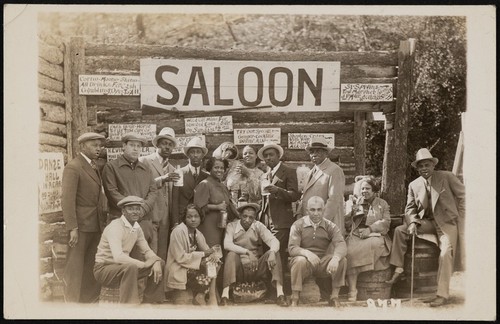 African Americans in mock saloon scene during Prohibition