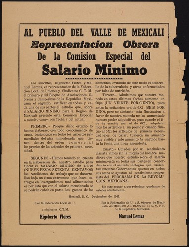 Al pueblo del Valle de Mexicali : representacion obrera de la Comision Especial del Salario Minimo