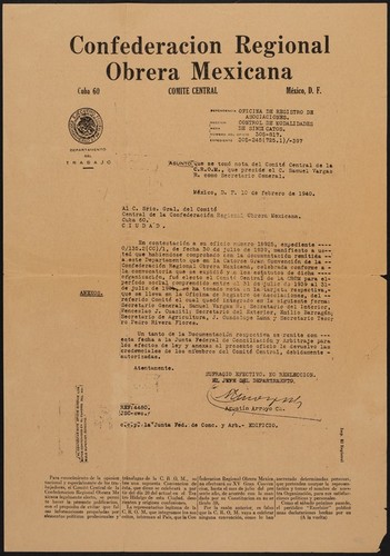 Confederación Regional Obrera Mexicana ... Asunto: Que se tomó nota del Comité Central de la C.R.O.M., que preside el C. Samuel Vargas R. como Secretario General