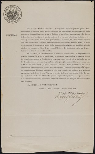 Este Gobierno Político considerando de importante beneficio público, que las autoridades que se nombren en el Distrito disfruten de popularidad suficiente para el mejor desempeño de sus obligaciones y mayor facilidad en sus labores gubernativas, a fin de que todo redunde, sin apartarse de las disposiciones de la ley para administrar justicia, en provecho y bienestar de los vecinos de la jurisdicción de su mando