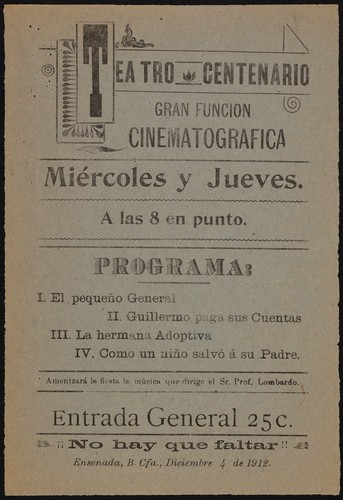 Teatro Centenario. Gran función cinematográfica. Miércoles y jueves. A las ocho en punto