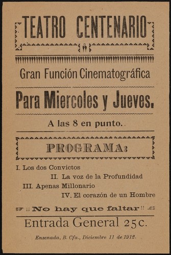 Teatro Centenario. Gran función cinematográfica. Para miercoles y jueves. A las 8 en punto