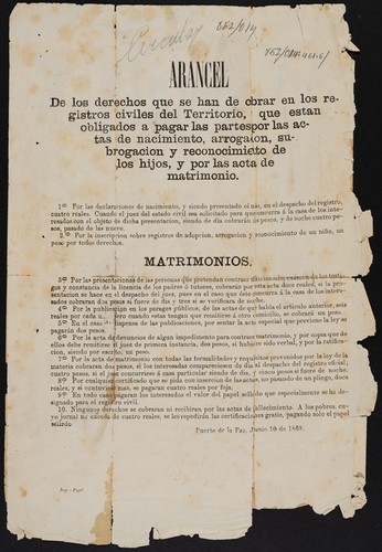 Arancel de los derechos que se han de cobrar en los registros civiles del Territorio, y que estan obligados a pagar las partes por las actas de nacimiento, arrogacion, subrogacion y reconocimiento de los hijos, y por las actas de matrimonio