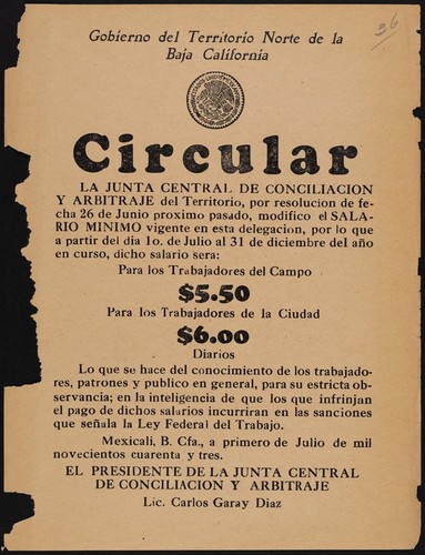 Circular : la Junta Central de Conciliacion y Arbitraje del Territorio, por resolucion de fecha 26 de Junio proximo pasado, modifico el salario minimo vigente en esta delegacion