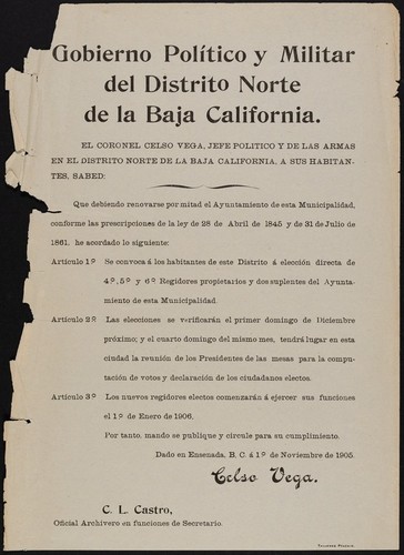 El coronel Celso Vega, jefe politico y de las armas en el Distrito Norte de la Baja California, a sus habitantes, sabed ... se convoca á los habitantes de este Distrito á elección directa