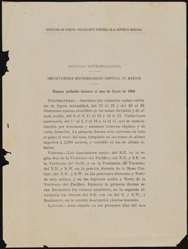 Servicio Meteorológico. Observatorio Meteorológico Central de México. Tiempo probable durante el mes de Junio de 1906