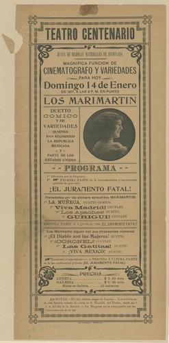 Teatro Centenario. Junta de mejoras materiales de Ensenada. Magnífica función de cinematógrafo y variedades para hoy domingo 14 de enero de 1917, a las 8 P.M. en punto