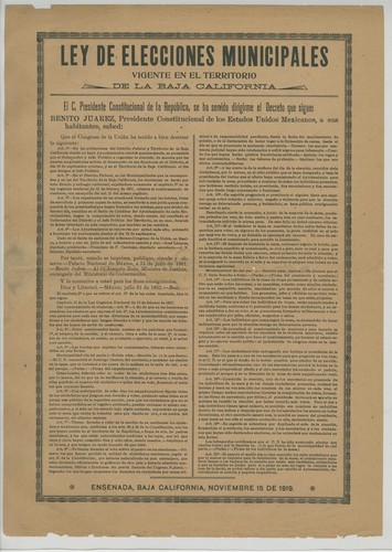 Ley de elecciones municipales. Vigente en el Territorio de la Baja California