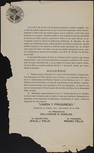 A la 1.30 P.M. del día 7 de Noviembre próximo, se habrán cumplido nueve años de aquella suprema hora en que el inmortal maquinista Jesús García, impávido y sereno ante una muerte segura, puso su máquina a todo vapor para arrastrar con la mayor velocidad posible su tren cargado de pólvora incendiada al sitio en que debía explotar