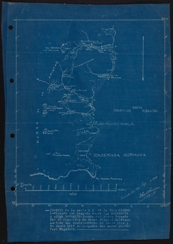 Croquis de la parte S. E. de la Isla Cerros indicando los lugares donde hay magnesita y aguas potables : tomado del plano formado por el ingeniero de minas co. David Goldbaum que hiso las exploraciones en Julio 1916 y en Junio 1917 en compañía del Señor Doctor Paul Wegeford